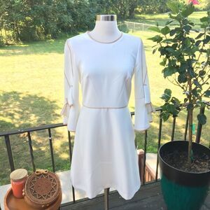 Taylor Ivory & Tan Flare Bow Sleeve Dress